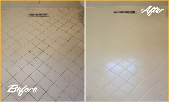 Before and After Picture of a Ila White Bathroom Floor Grout Sealed for Extra Protection
