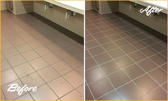 Before and After Picture of Dirty Comer Office Restroom with Sealed Grout