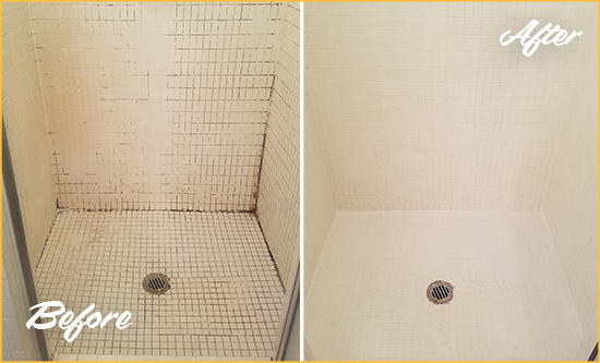 Before and After Picture of a Hull Bathroom Grout Sealed to Remove Mold