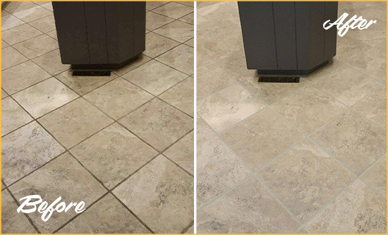 Before and After Picture of a Rayle Kitchen Floor Grout Sealed to Remove Stains