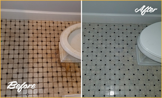 Before and After Picture of a Gracewood Bathroom Floor Cleaned to Remove Embedded Dirt