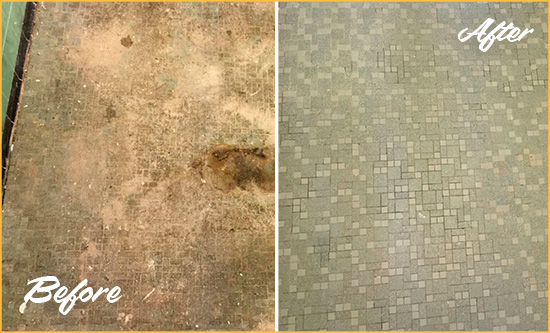 Before and After Picture of a Winterville Mosaic Shower Cleaned to Eliminate Embedded Dirt