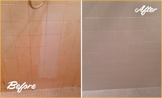 Before and After Picture of a Bostwick Porcelaine Shower Cleaned to Remove Soap Scum