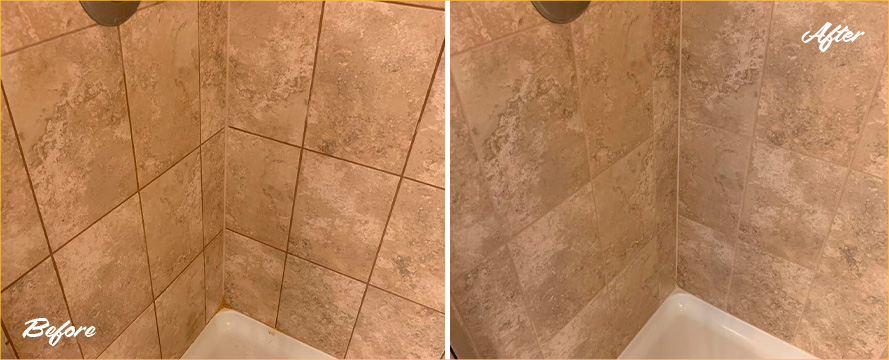 Ceramic Shower Before and After Our Tile and Grout Cleaners in Athens, GA