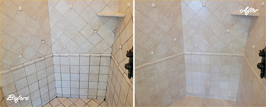Shower Before and After a Professional Grout Cleaning in Elberton, GA