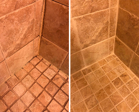 Close-up of Shower Seams Before and After a Grout Recoloring in Athens