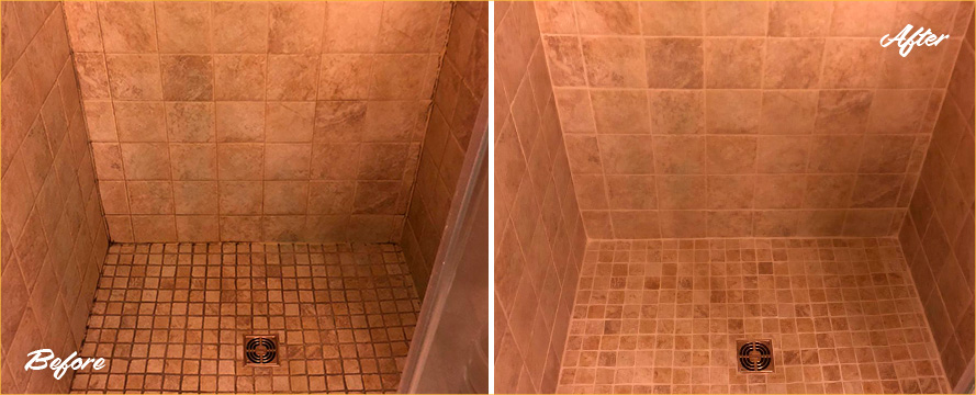 Tile Shower Before and After a Grout Recoloring in Athens