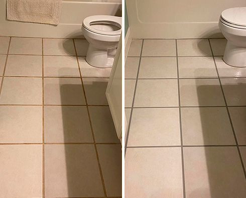 Bathroom Floor Before and After a Grout Recoloring in Farmington