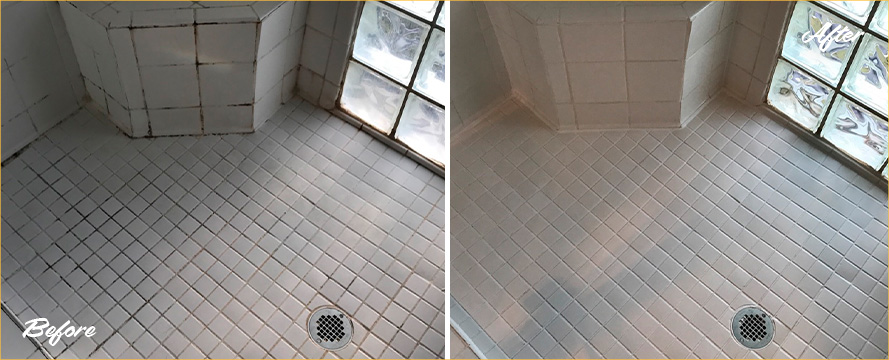 Shower Before and After a Remarkable Grout Cleaning in Watkinsville, GA