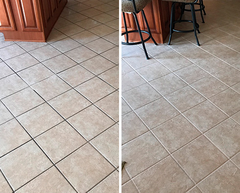 Kitchen Floor Before and After a Grout Cleaning in Monroe
