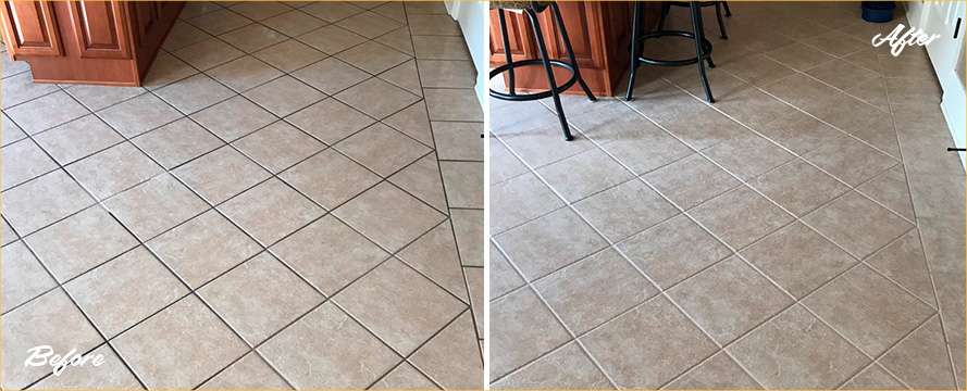 Kitchen Floor Before and After a Grout Cleaning in Monroe