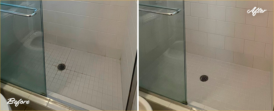 Shower Before and After a Service from Our Tile and Grout Cleaners in Bishop