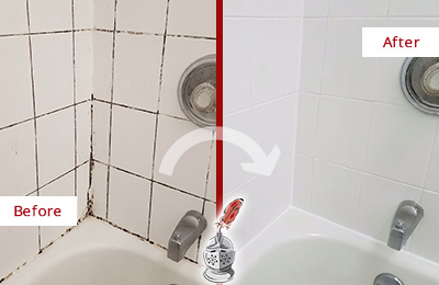 Before and After Picture of a Shower Grout Recoloring in a Bathtub Area
